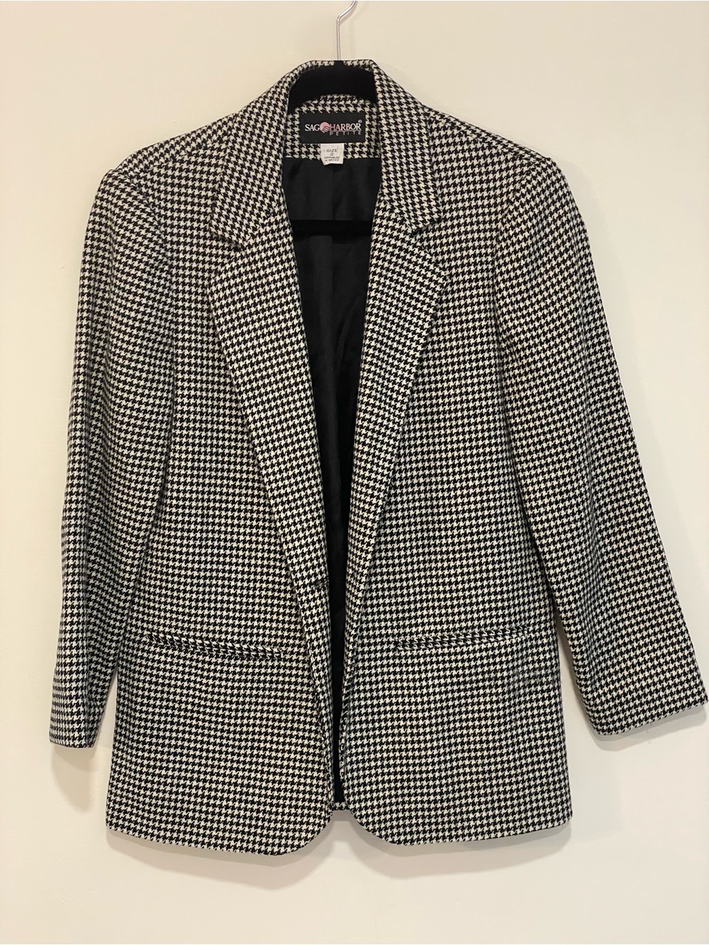 Vintage Sag Harbor Petite Houndstooth Wool Blazer Jacket Black White Size 2P